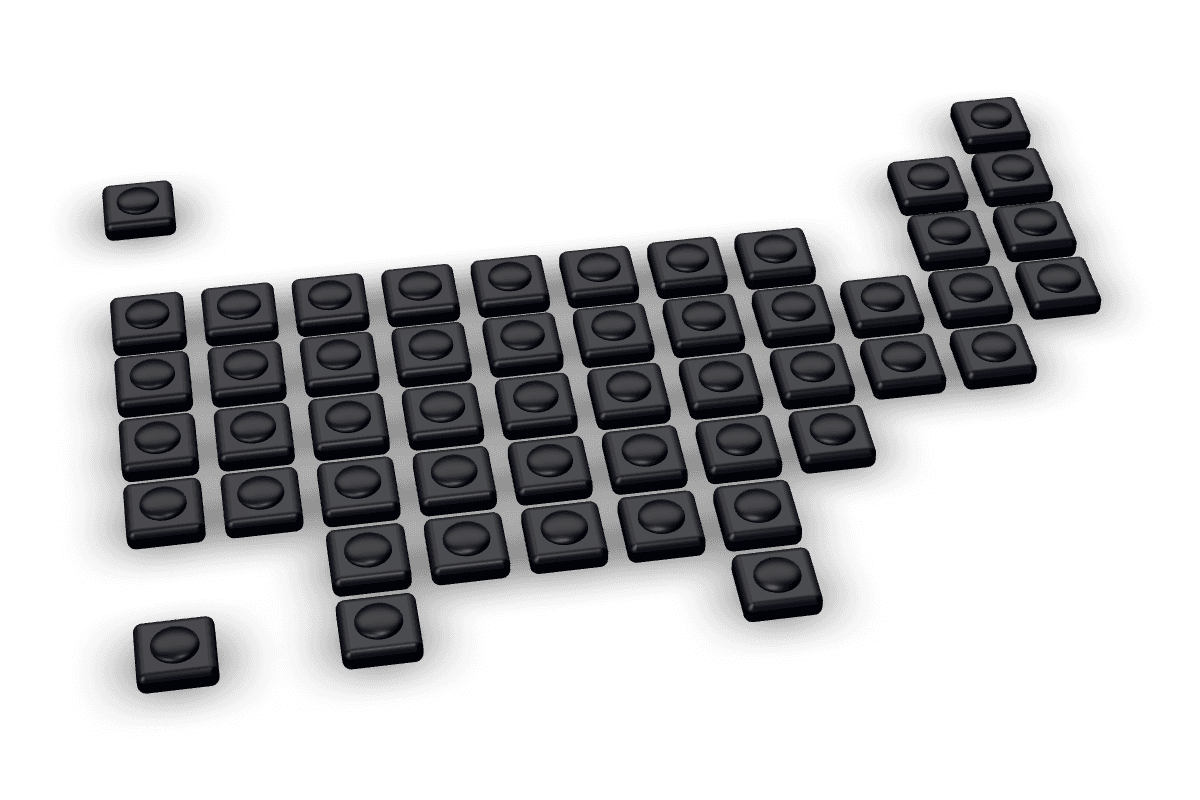 A 3D relief map of the United States built from a grid of tiles, one per state and DC, all unlit.